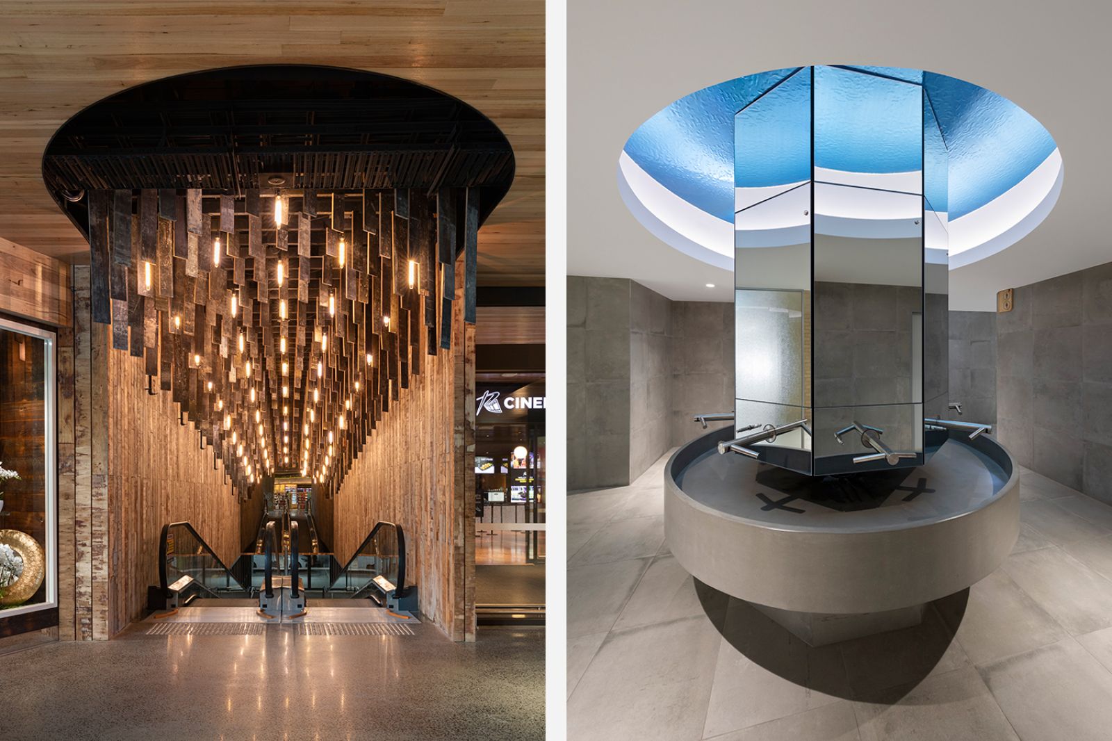 Burwood Brickworks shopping precinct calming light installation above escalators