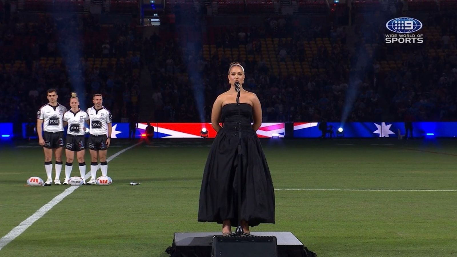 Emma Tomlinson singing the Australian National anthem at Ampol Woman State of Origin 2025 Series at Suncorp Stadium in Brisbane. As seen on Channel 9 Sports.