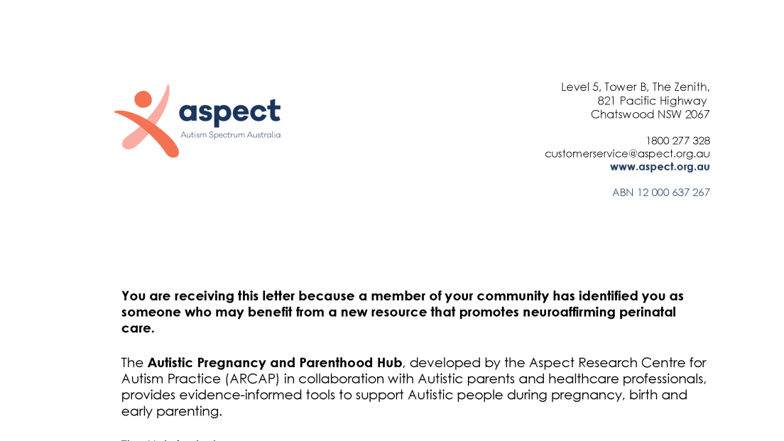 Aspect Autistic Pregnancy and Parenthood Hub letter for clinicians